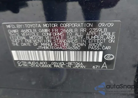 2010 Lexus Es 350 z USA, uszkodzony, nr VIN JTHBK1EG6A2346380